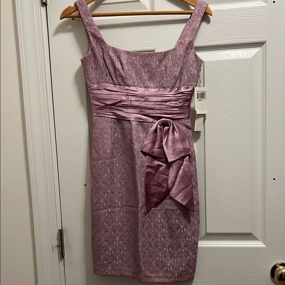 NWT Maggy London Lavender Ruched Sheath Midi Dress with Silk Waist Sash
